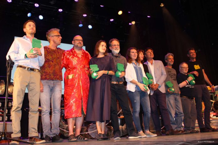 Prix Atomium 2017 laureates including Zidrou and Frank Pé, with host Morvan (photo from dupuis.com)
