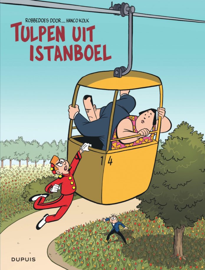 'Robbedoes door... Tulpen uit Istanboel' NL cover ("Spirou by... Tulips from Istanbul"; ill. Hanco Kolk; Copyright (c) 2017 Dupuis and the artist; image from dupuis.com)