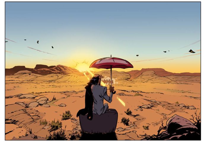 Panel from Zorglub #2 (ill. Munuera, colors by Sergio Sedyas Román; Copyright (c) Dupuis and the artist; image from https://www.facebook.com/jota.munu/)