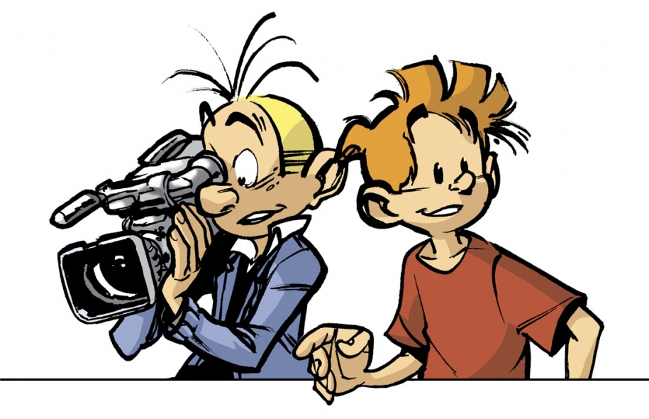 Spirou and Fantasio filming (ill. Munuera; (c) Dupuis and the artist)