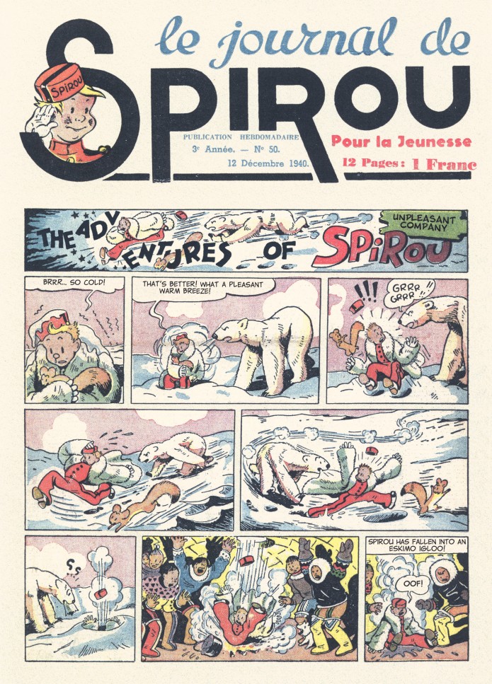Spirou in the land of Eskimos p. 2, from JdS #50/1940 (ill. Jijé; (c) Dupuis and the artist; SR scanlation)