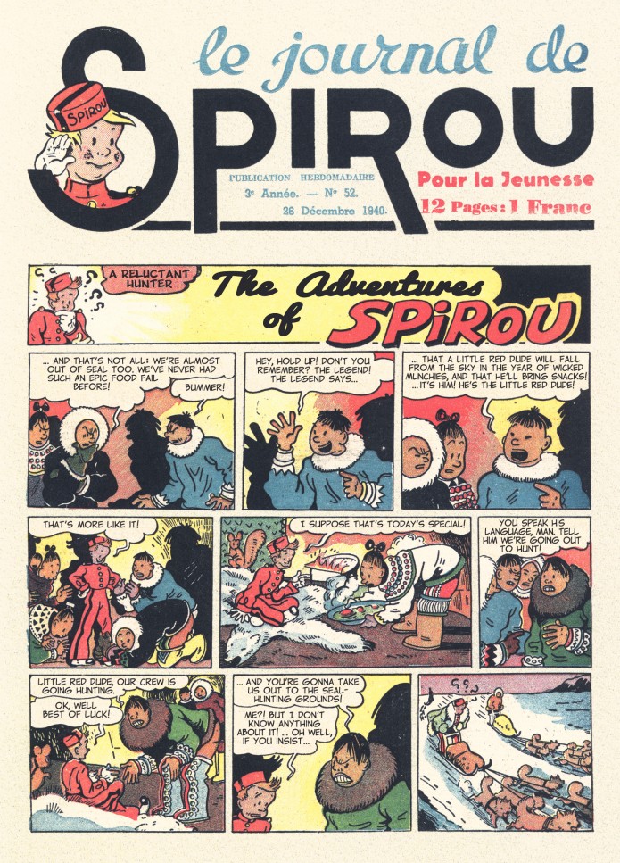 Spirou in the land of Eskimos p. 4, from JdS #51/1940 (ill. Jijé; (c) Dupuis and the artist; SR scanlation)