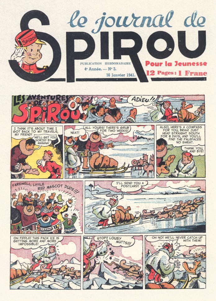 Spirou in the land of the Eskimos p. 7, from JdS #51/1940 (ill. Jijé; (c) Dupuis and the artist; SR scanlation)
