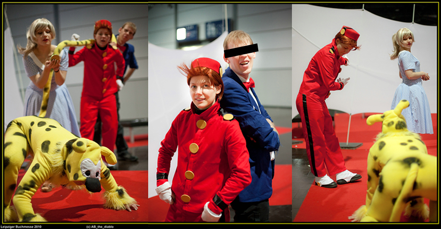 Spirou, Fantasio, Seccotine and the Marsupilami cosplay (photo by ABthediablo at the Leipziger Buchmesse; Spirou (c) Dupuis; image from deviantart.com)