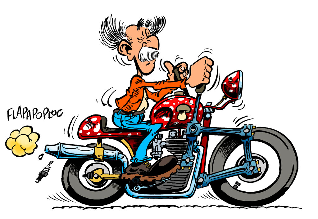 Count Champignac on a motorbike (ill. Michel Loiseau; 2015 (c) the artist; Spirou (c) Dupuis; image from blog.michel-loiseau.fr)