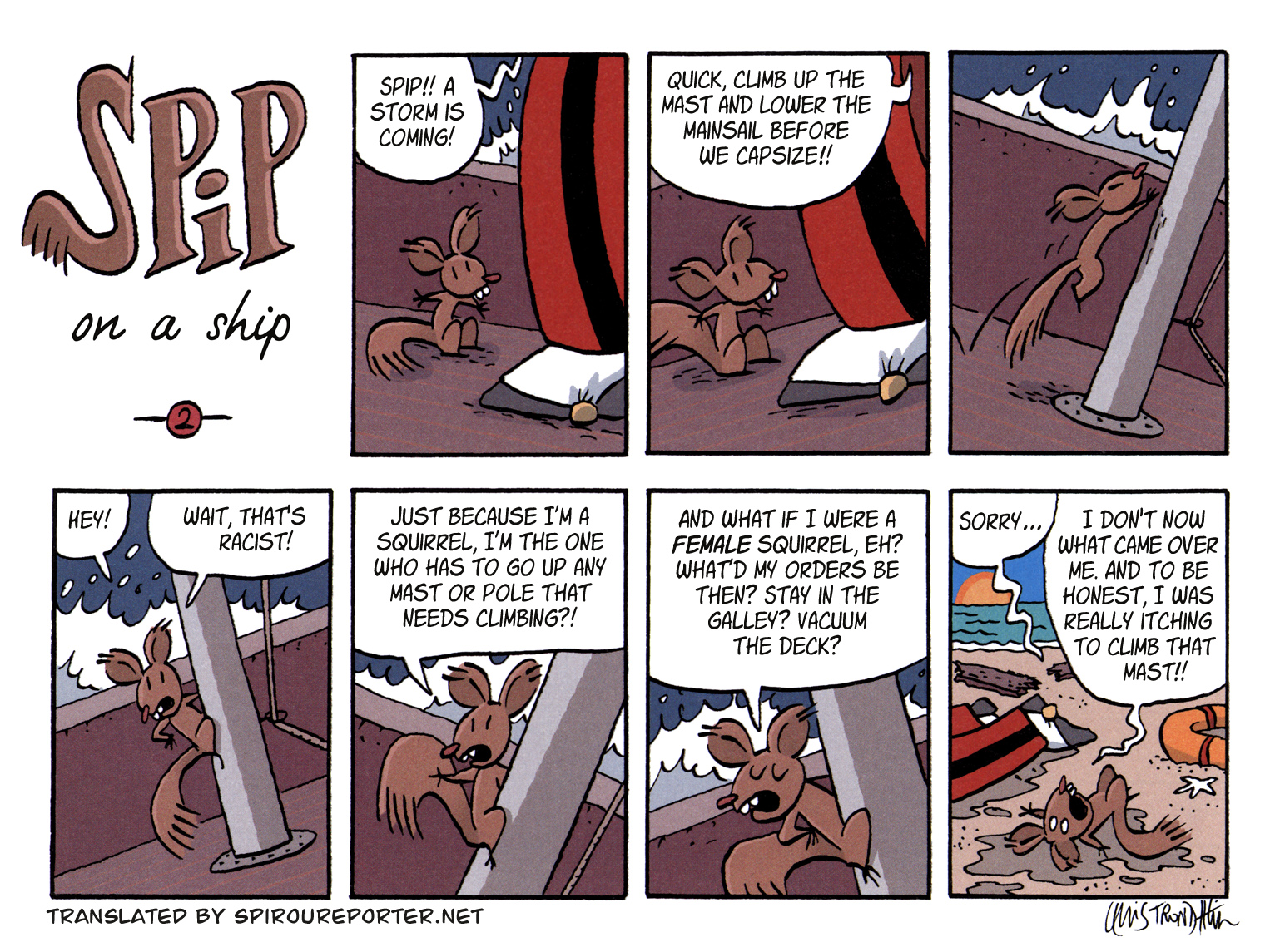 "Spip on a ship" ('Spip au spi'; ill. Trondheim; (c) Dupuis and the artist; from JdS #3968; SR scanlation)