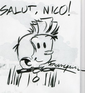 Dedication sketch for Nico (ill. unknown, falsely signed "Franquin"; image from bdgest.com)