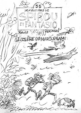 Spirou & Fantasio #55 'La Colère du Marsupilami' cover sketch (ill. Yoann & Vehlmann; 2015 (c) Dupuis and the artists; image from stripspeciaalzaak.be)