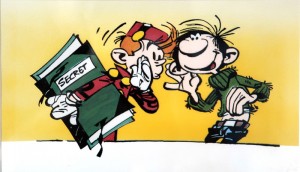 Spirou whispering secrets to Gaston (ill. Franquin; Copyright (c) Dupuis and the artist; image from comicbookresources.com)