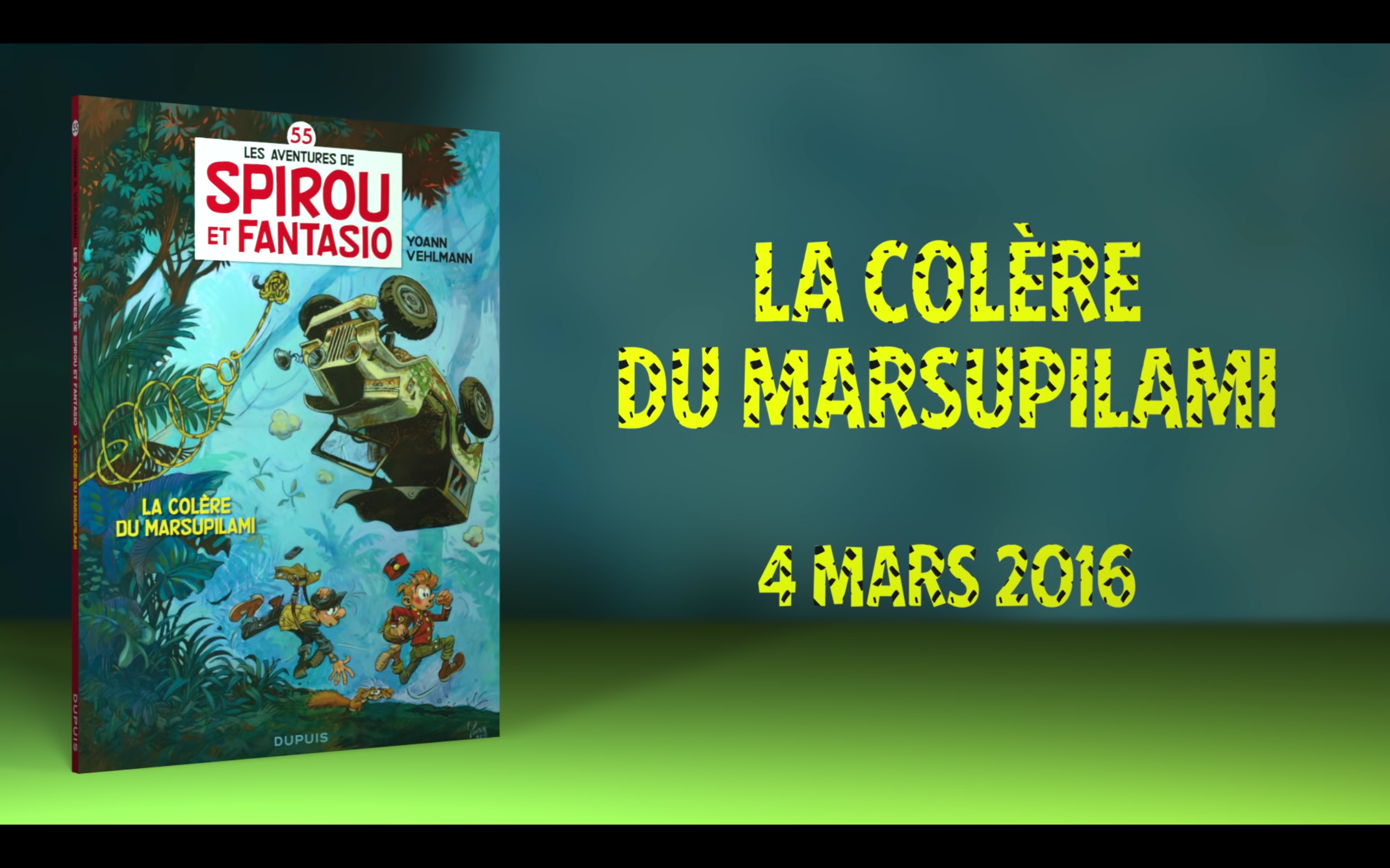 YouTube thumbnail for 'La Colère du Marsupilami' ad (ill. Yoann, Vehlmann, Dupuis; Copyright (c) 2016 Dupuis and the artists; image from youtube.com)