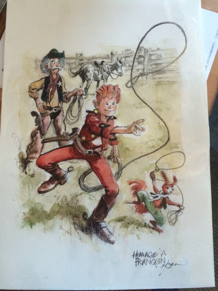 Spirou, Spip and the Count as cowboys, homage to Franquin (ill. René Follet; Copyright (c) by the artist; Spirou (c) Dupuis; photo by Dominique Léonard)