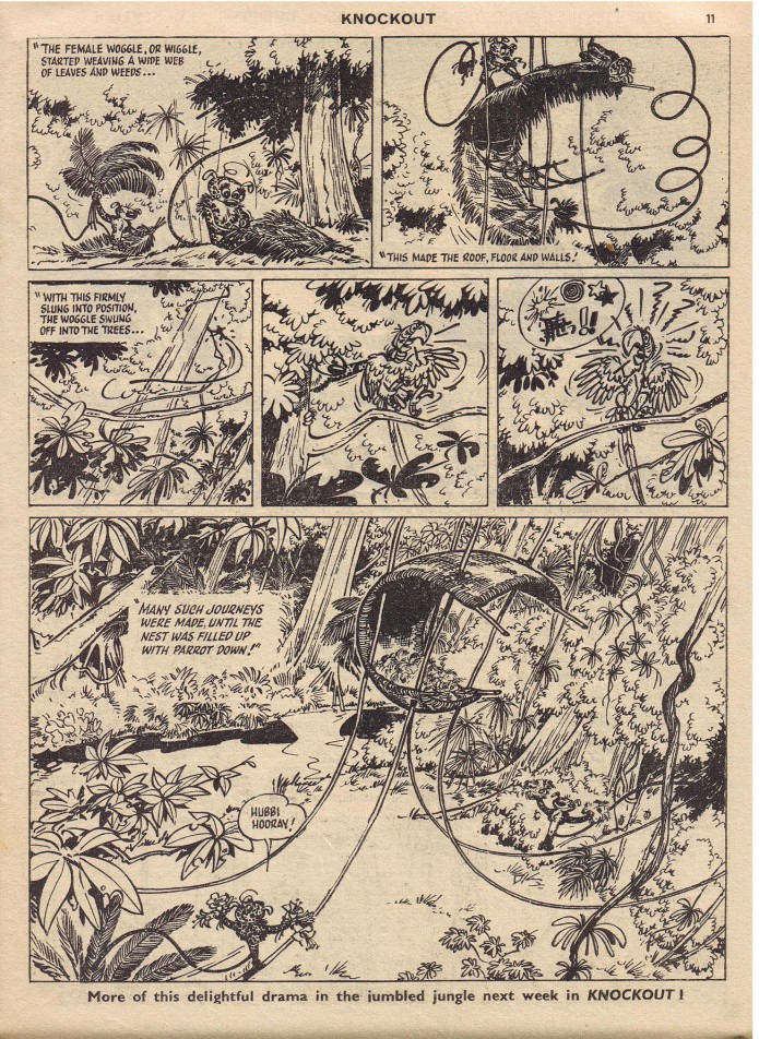 "Dickie and Birdbath Watch the Woggle" p.2 of episode, from 'Knockout&#039, 2. July 1960 (originally Spirou & Fantasio #12 'Le nid des Marsupilami'; ill. Franquin; Copyright (c) 1957, 1960? by Dupuis, Fleetway Publications and the artist; image from facebook.com, by Steve Bennett)