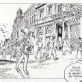 Spirou outside Les Galeries St. Hubert in Brussels, from 'L'Okapi blanc' ("The White Okapi"; ill. Frank Pé & Zidrou; Copyright (c) 2016 Dupuis and the artist; image from comicscenter.net)