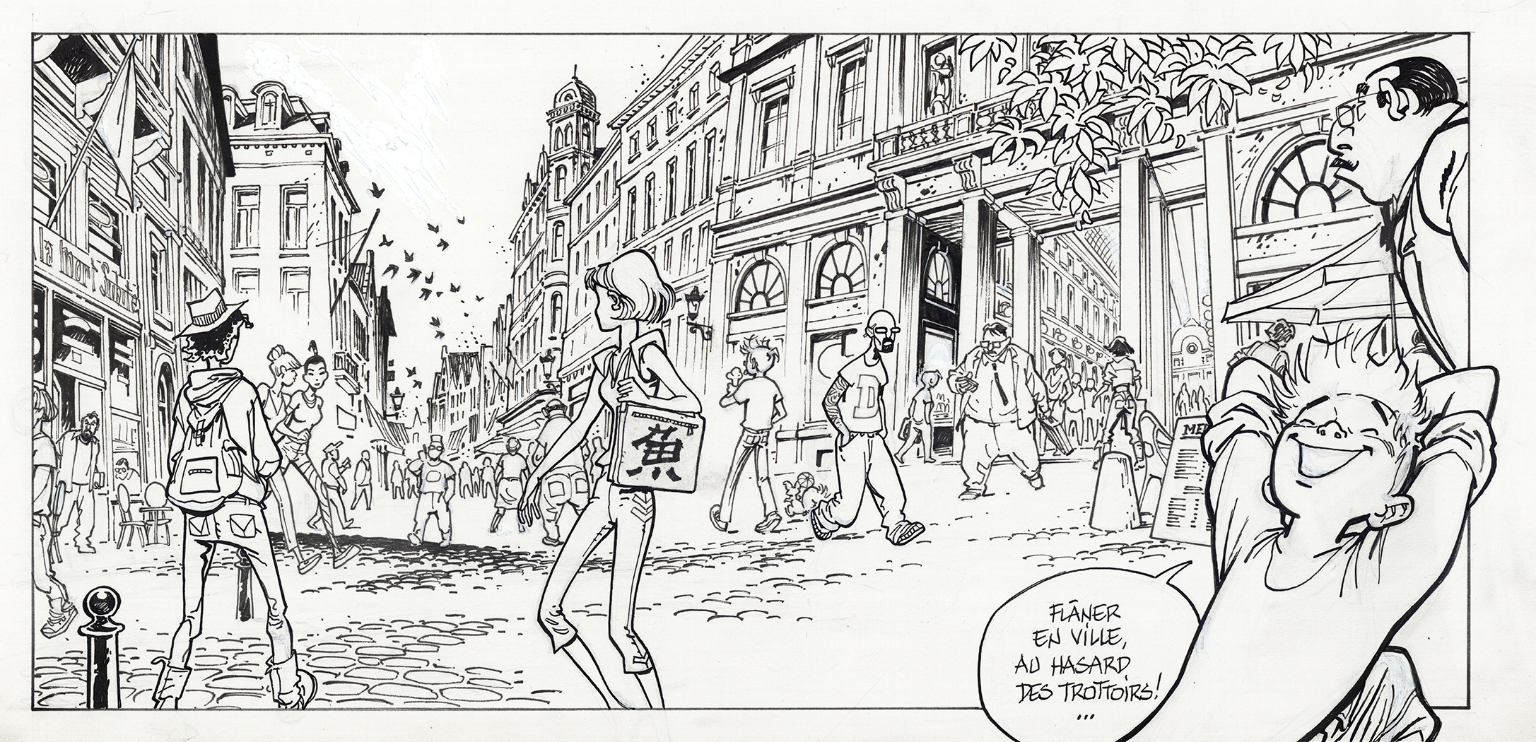 Spirou outside Les Galeries St. Hubert in Brussels, from 'L'Okapi blanc' ("The White Okapi"; ill. Frank Pé & Zidrou; Copyright (c) 2016 Dupuis and the artist; image from comicscenter.net)