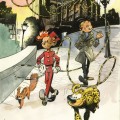 Spirou, Fantasio and the Marsupilami in front of the Le Mans cathedral; limited poster for the Bulle bookstore (ill. Yoann; Copyright (c) 2016 Dupuis and the artist; image from ouest-france.fr)