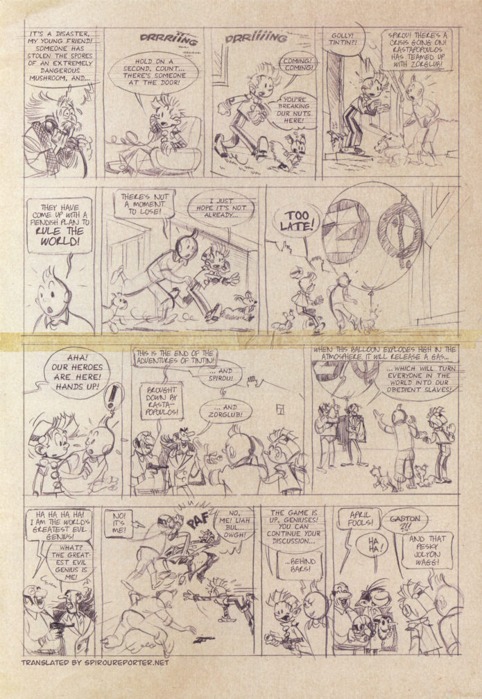 Spirou and Tintin crossover, Journal de Spirou #4078 (ill. Fred Neidhardt after Franquin & Hergé; Copyright (c) 2016 Dupuis and the artist; Tintin (c) Casterman, Studio Hergé; SR scanlation)