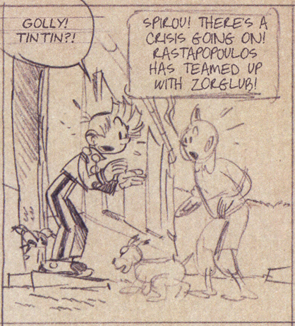 Thumbnail, Spirou and Tintin crossover, Journal de Spirou #4078 (ill. Fred Neidhardt after Franquin & Hergé; Copyright (c) 2016 Dupuis and the artist; Tintin (c) Casterman, Studio Hergé; SR scanlation)