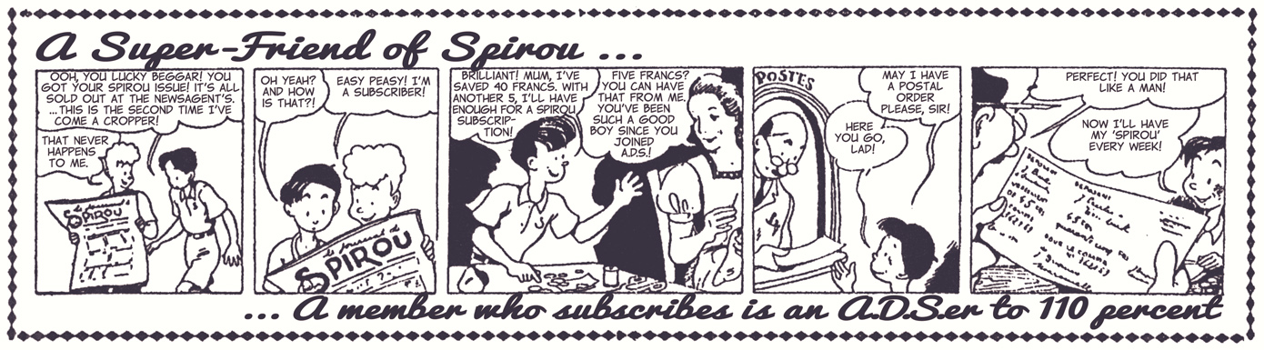 "Friends of Spirou Code of Honor 11th Commandment", ad for Spirou subscription from 'Les Bonnes Soirées' ('Les Amis de Spirou Code d'Honneur' 11; ill. Jijé & Jean Doisy; Copyright (c) 1941 by Dupuis and the artists; SR scanlation)