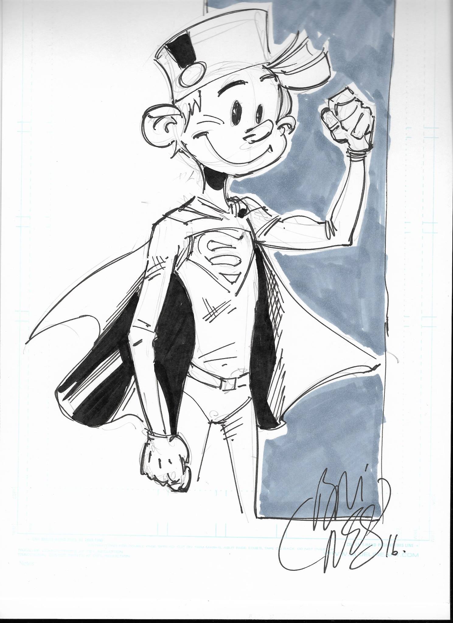 Spirou as Superman (ill. Philippe Briones; Copyright (c) 2016 the artist; Spirou (c) Dupuis; image from facebook.com/achim.reinecke.9)
