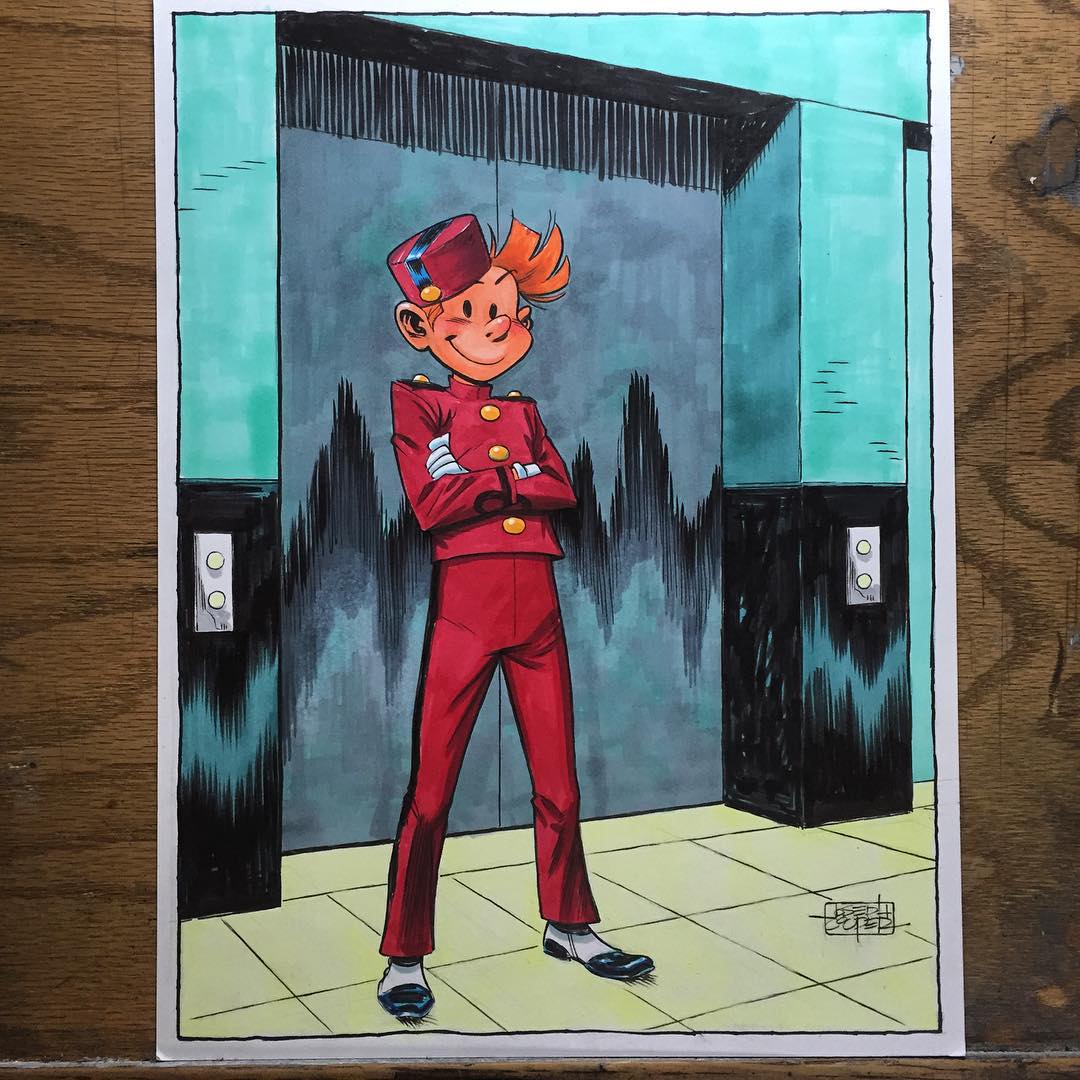Spirou by elevator, Inktober Day 8 (ill. Joseph Cooper; Copyright (c) 2016 by the artist; Spirou (c) Dupuis; image from www.instagram.com/cooperdraw/)