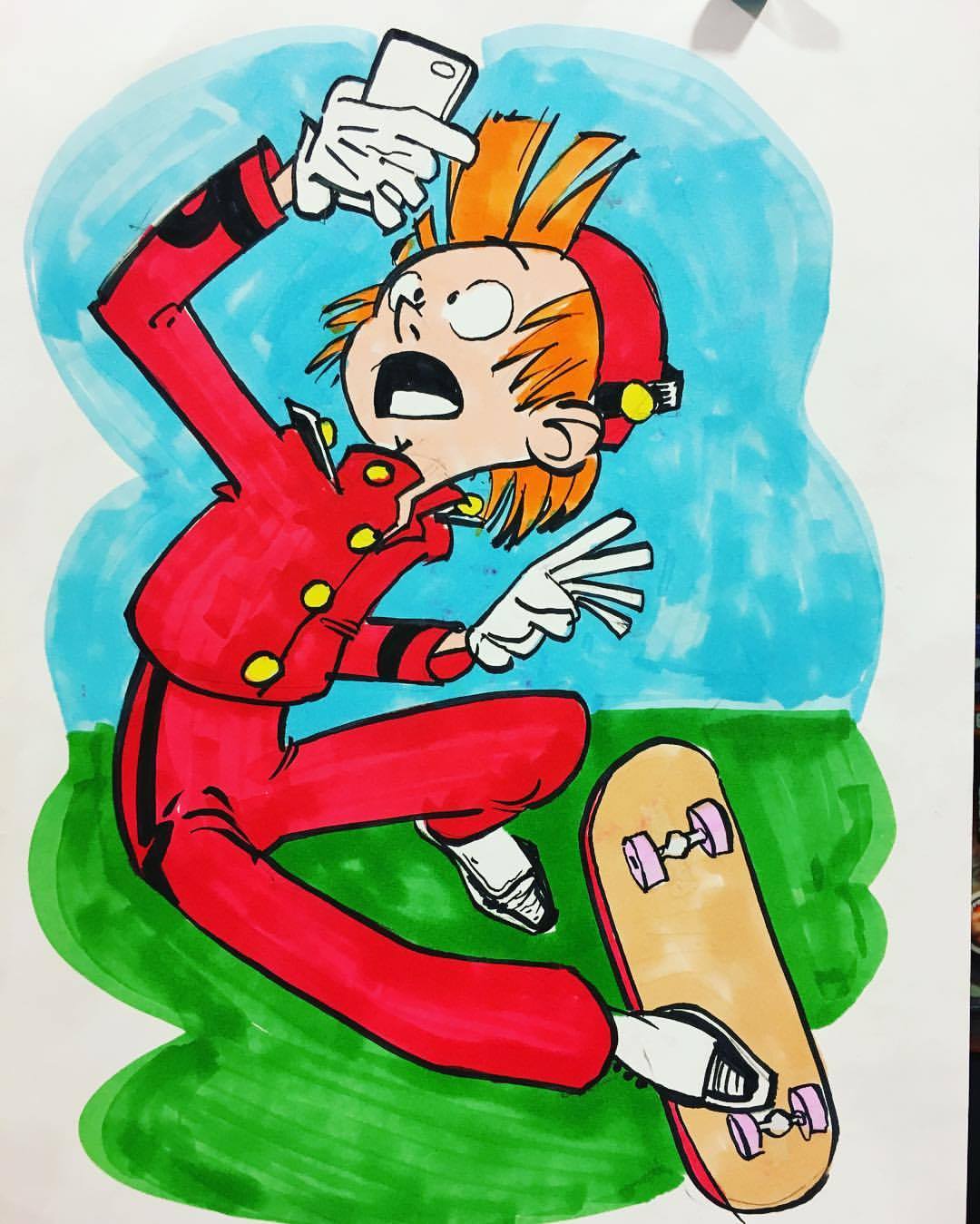 Spirou on skateboard taking selfie (ill. Mikael Göransson; Copyright (c) 2016 by the artist; Spirou (c) Dupuis; image from facebook.com)