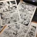 Original pages by Janry, from Spirou & Fantasio #41, 'La vallée des bannis' (ill. Tome & Janry; photo by Éditions Black & White; image from facebook.com/Editions-Black-White-320137321419027)