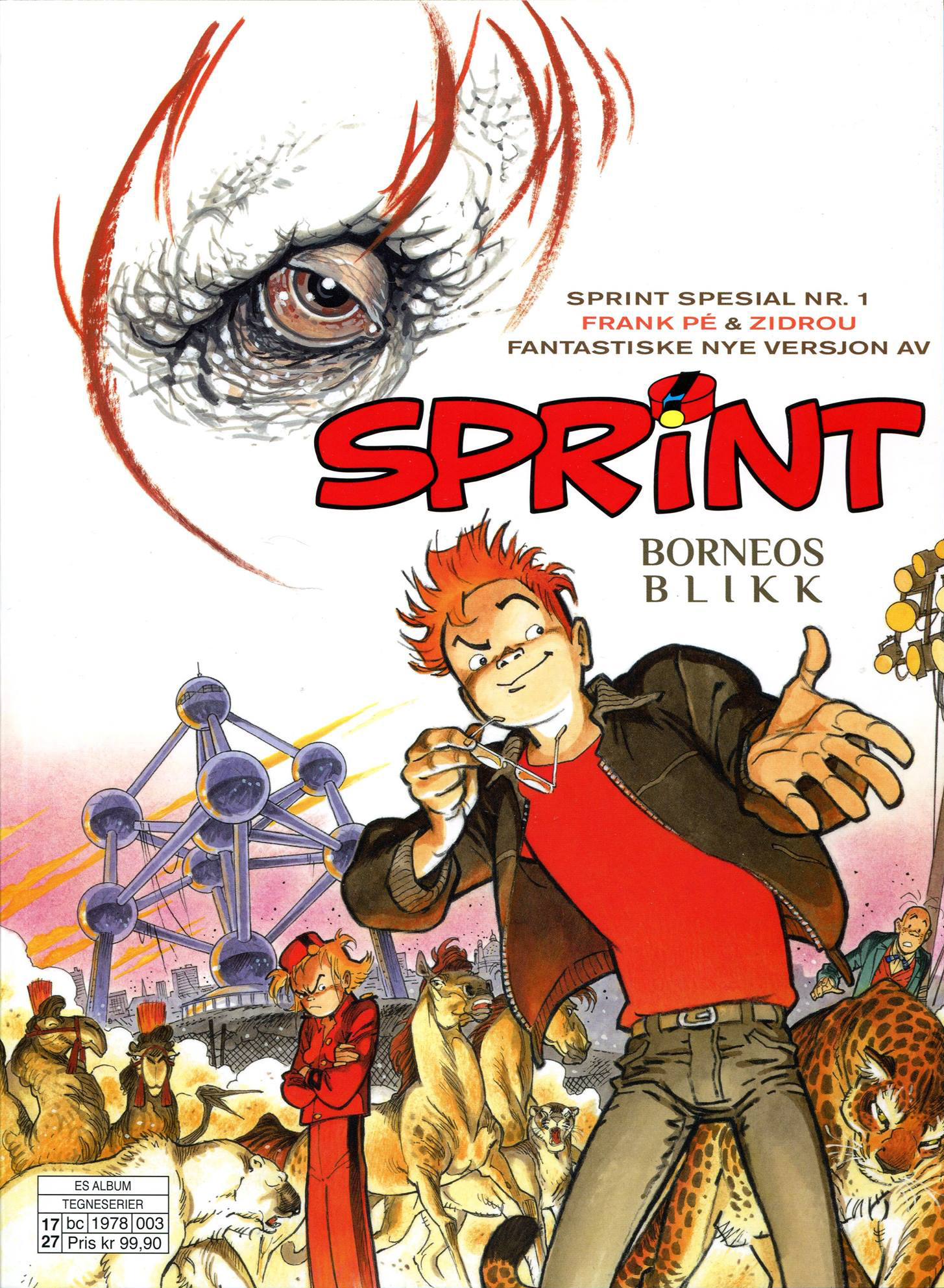 "Sprint Spesial #1: Borneos Blikk" cover NO (Spirou de... #10 'La Lumière de Bornéo'; ill. Frank & Zidrou; Copyright (c) 2017 Egmont, Dupuis and the artists; image from facebook.com)